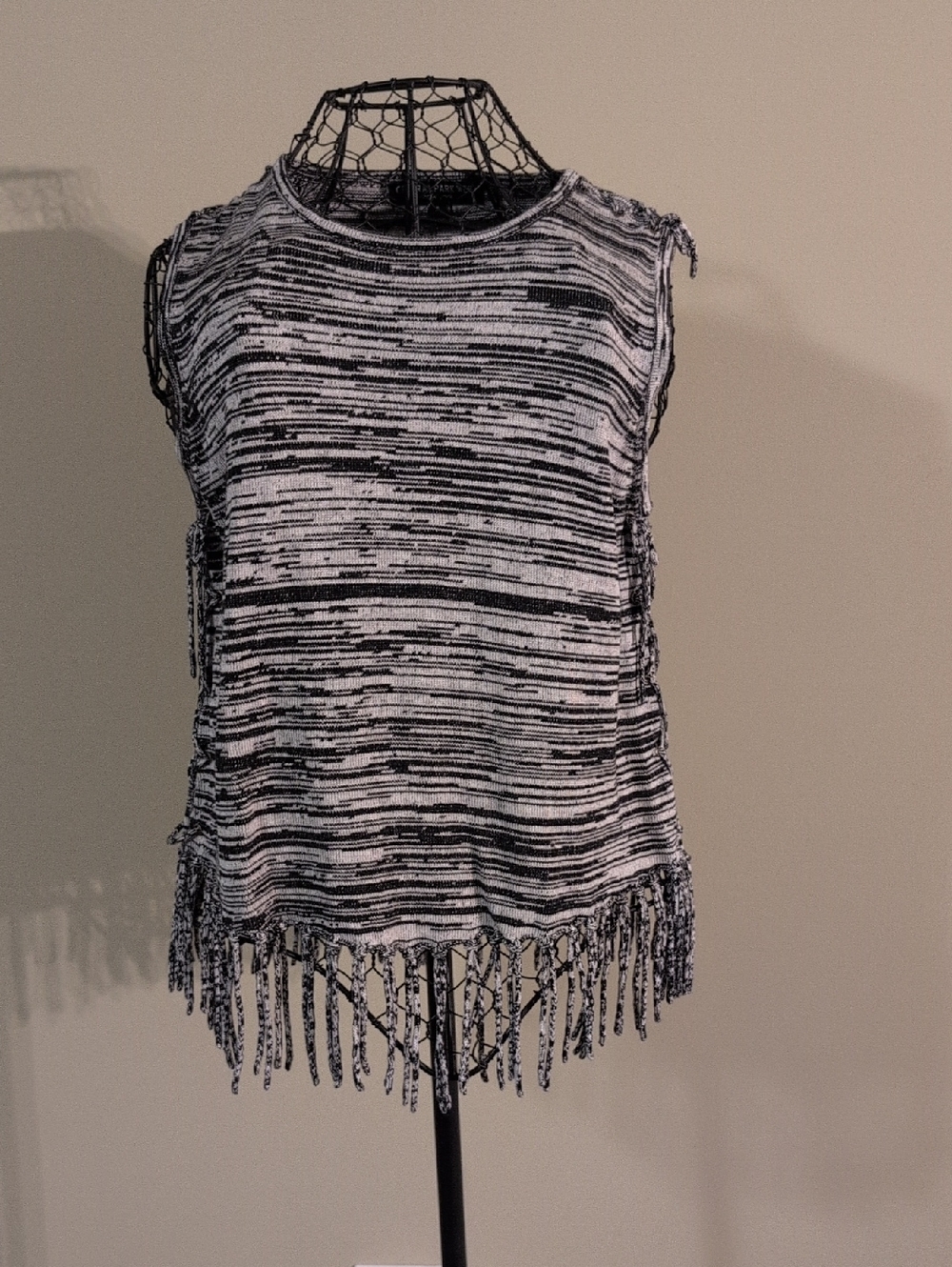 Central Park West Black & White Fringe Knit Tank